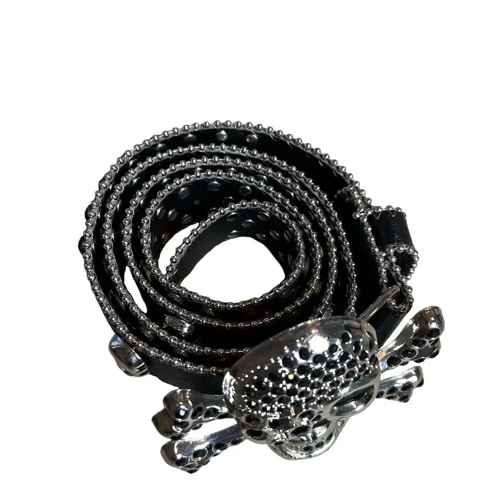 Pirate Belt Silver Rhinestone Skull Black Leather Glam Rock Goth Y2K Punk Grunge